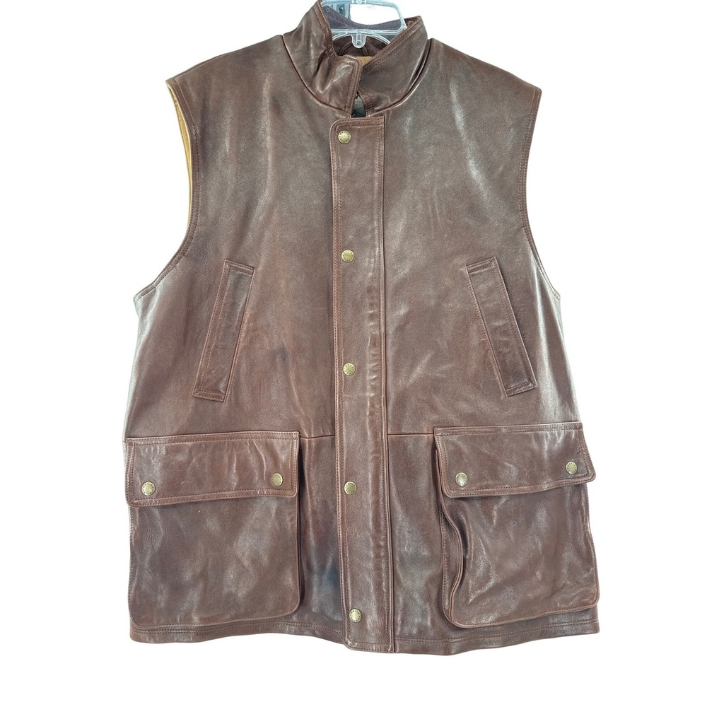 Orvis Mens Munitions Brown Leather Vest Full Zip Pockets Classic Outdoor Size‎ L